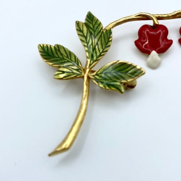 Vintage Bleeding Heart Brooch Ca 1950s Gold Tone Enamel Painted Metal - Picture 3 of 6
